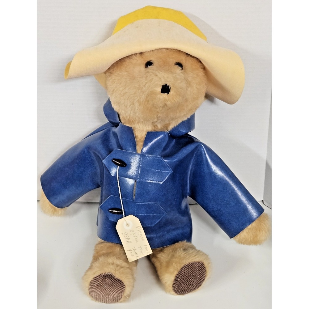 Vintage Paddington Bear Plush by Carmella 17" Blue Vinyl Coat Yellow Hat TLC Tag